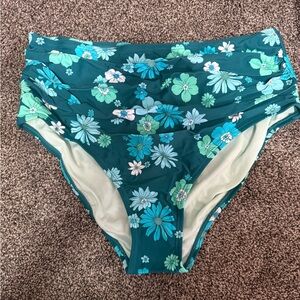 Cupshe Teal Floral High-Waist Bikini Bottoms with Aqua and Mint Flowers